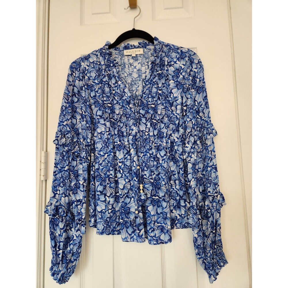 Hale Bob Blue Floral Boho Blouse Sz S Ruffle Long Sleeve Tassel Tie Neck